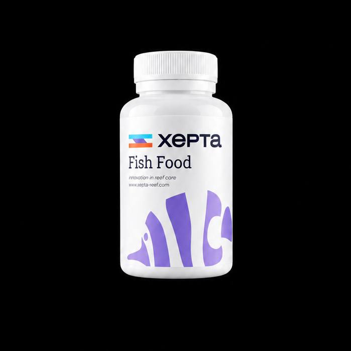 White Xepta Fish Food bottle with a white cap and purple fish graphic on a black background.