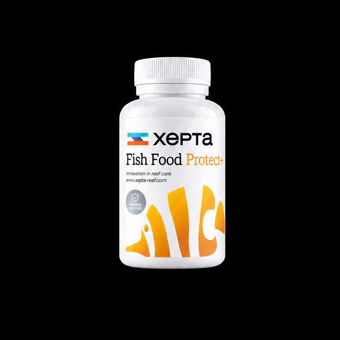 White Xepta Fish Food Protect bottle with orange fish artwork on the label.