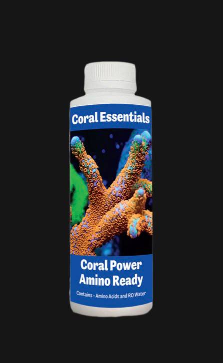 Front view of a white Coral Power Amino Ready bottle with a blue label and coral image.