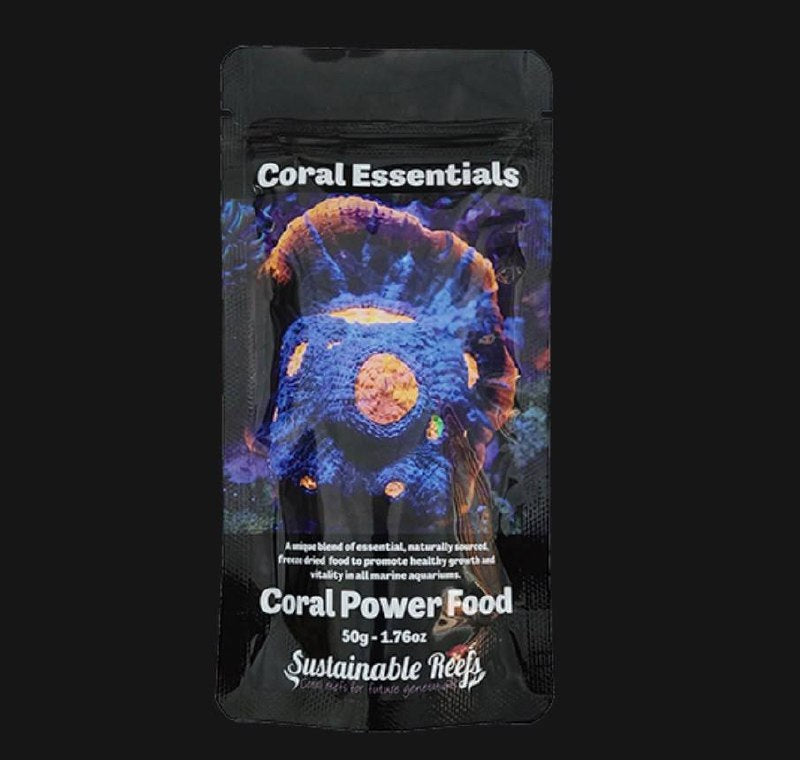 Front view of a black pouch labeled Coral Essentials and Coral Power Food, with a colorful coral image.