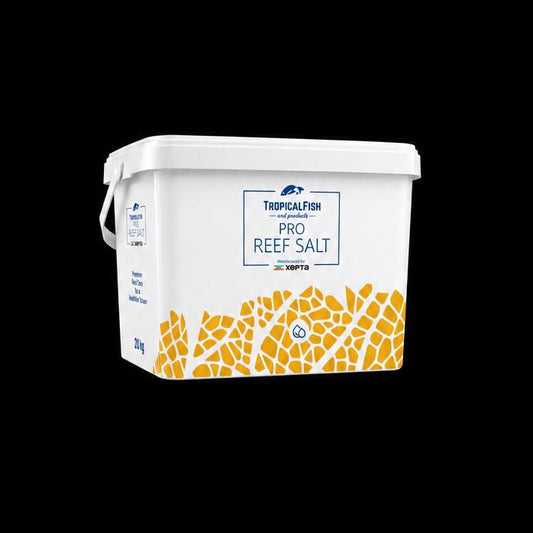 White plastic bucket with handle and visible Tropical Fish Pro Reef Salt packaging on a black background.
