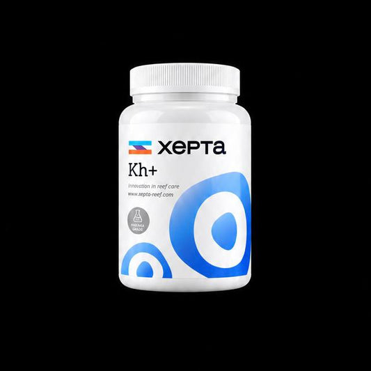White Xepta KH+ bottle with blue graphic elements on a black background.