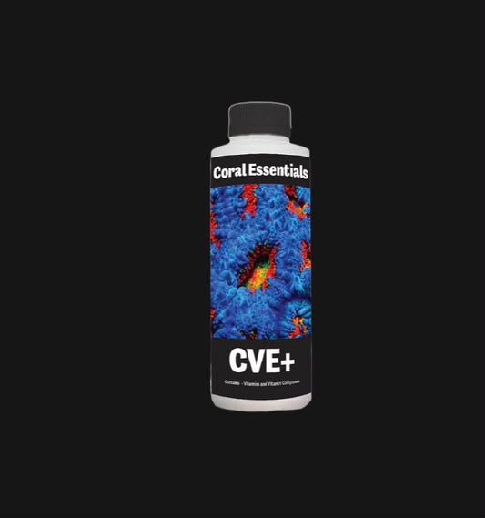 White CVE+ bottle with a black cap and a blue-and-red coral image label against a dark background.