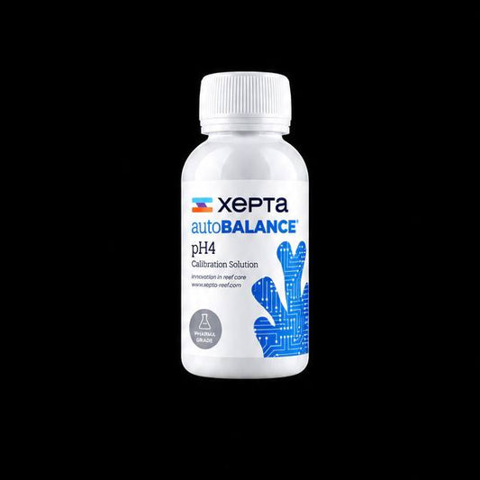 White Xepta AutoBalance pH4 calibration solution bottle with a blue label graphic on a black background.