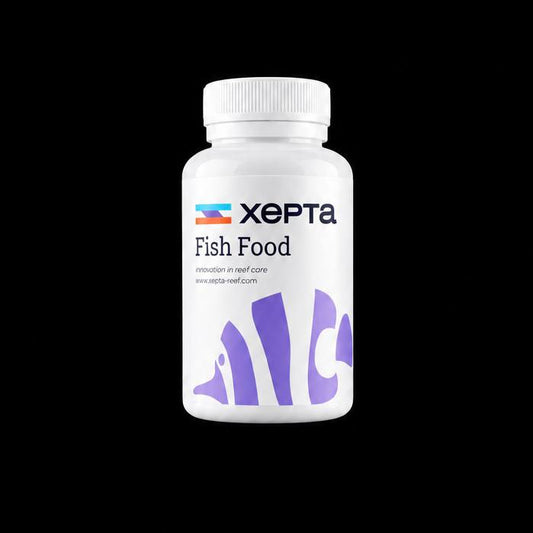 White Xepta Fish Food bottle with a white cap and purple fish graphic on a black background.