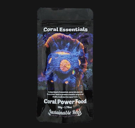Front view of a black pouch labeled Coral Essentials and Coral Power Food, with a colorful coral image.
