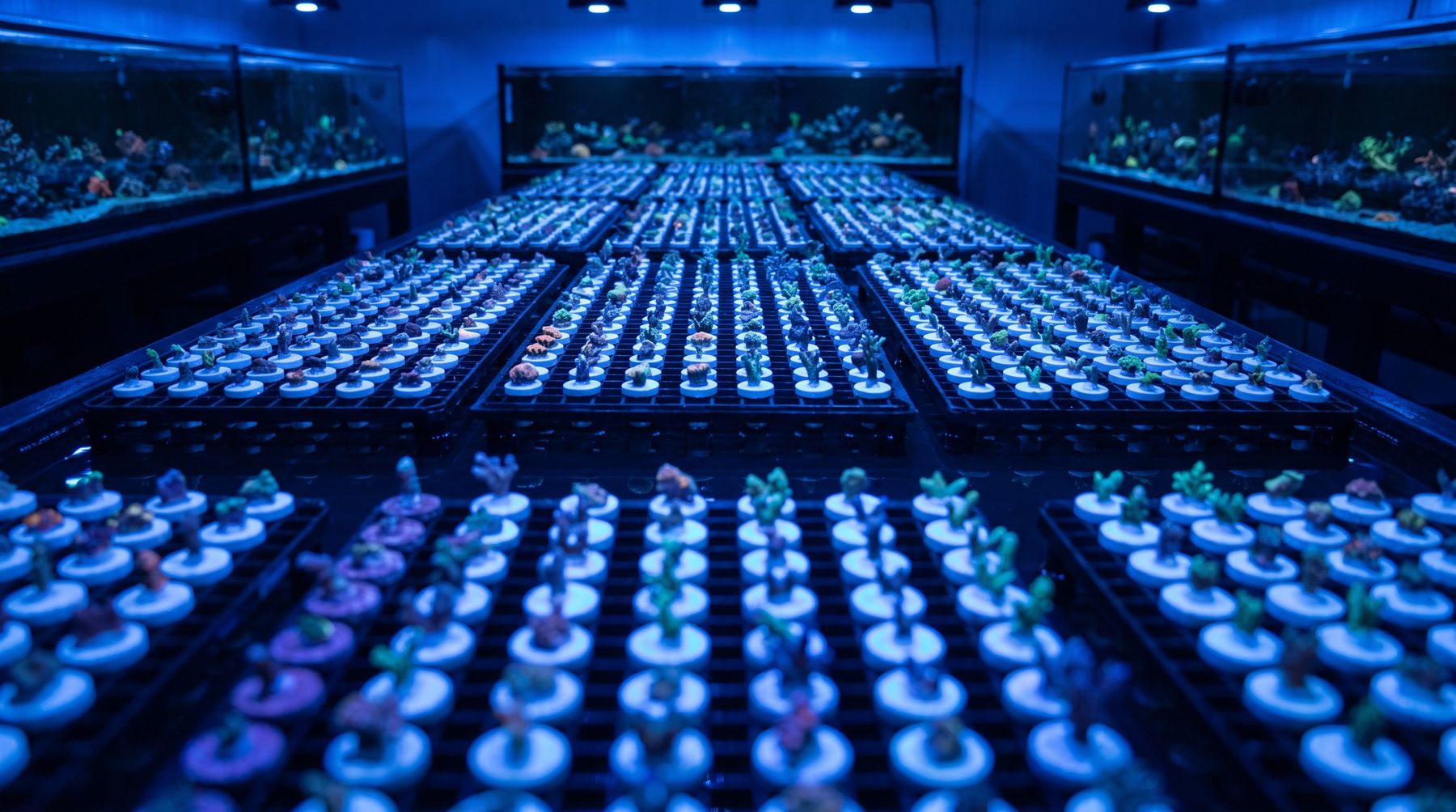 Coral frag racks under actinic light